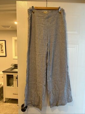 Michael Kors Blue and White Striped Wide-Leg Linen Pants